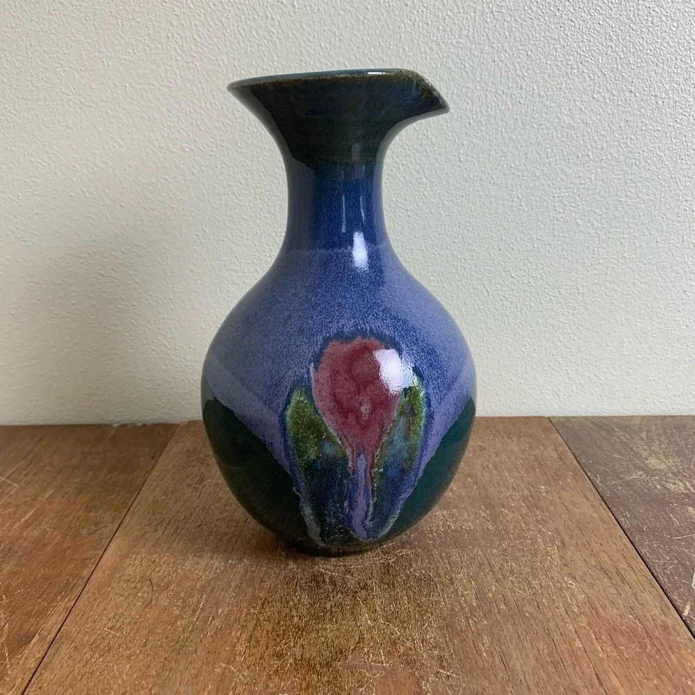 Vintage‎ Handmade Ceramic Green Lavender Blue Floral Glaze Vase SIGNED